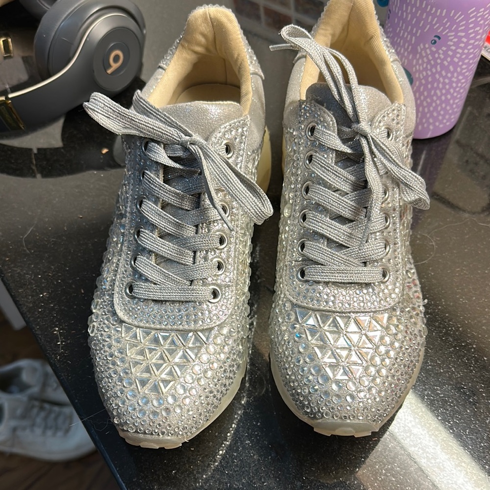 Steve Madden Silver Sparkly Sneakers with Rhinestone Embellishments